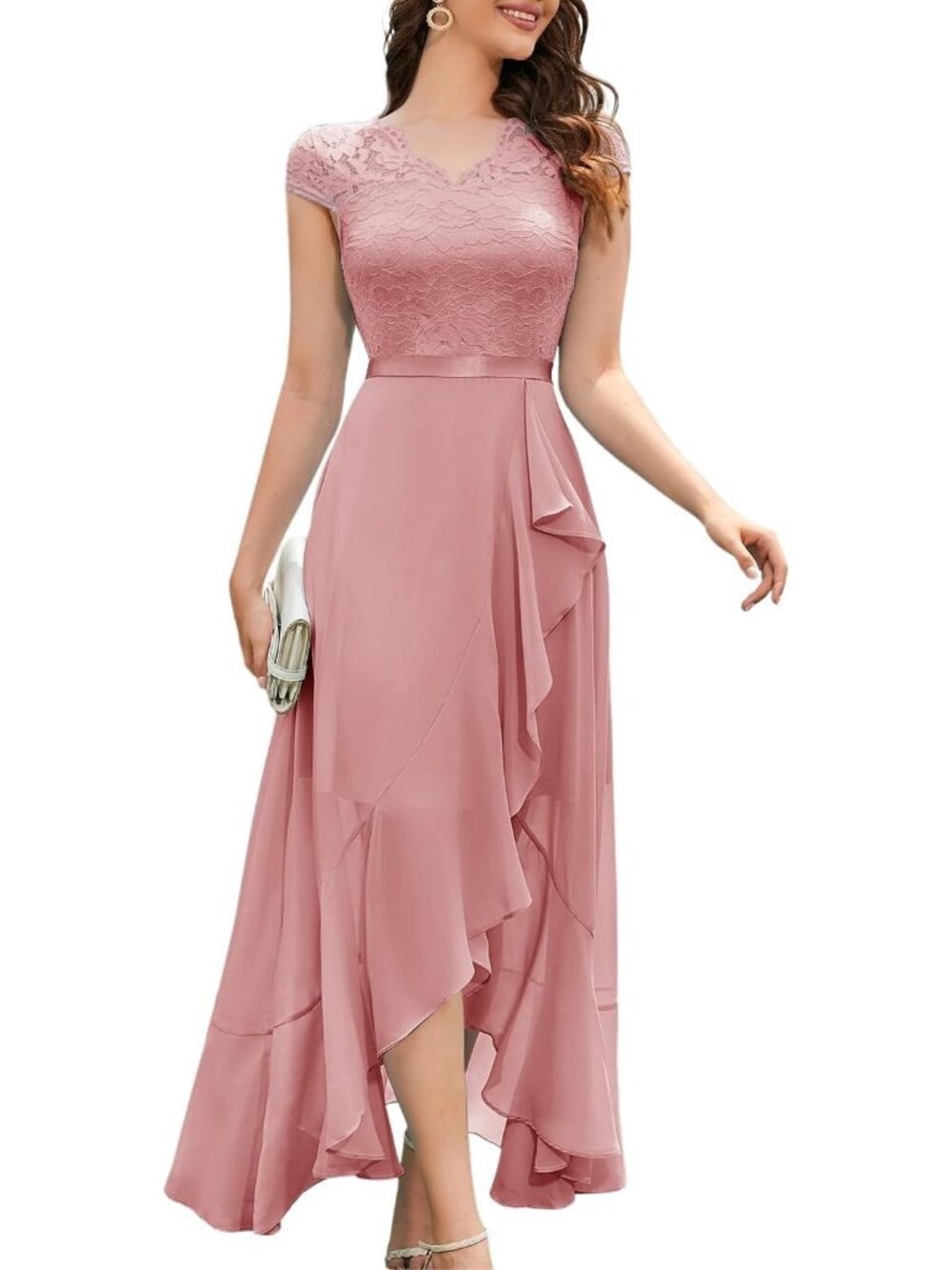 Women's Blush V-Neck Wedding Floral Lace Cocktail Party Formal Bridesmaid Dress